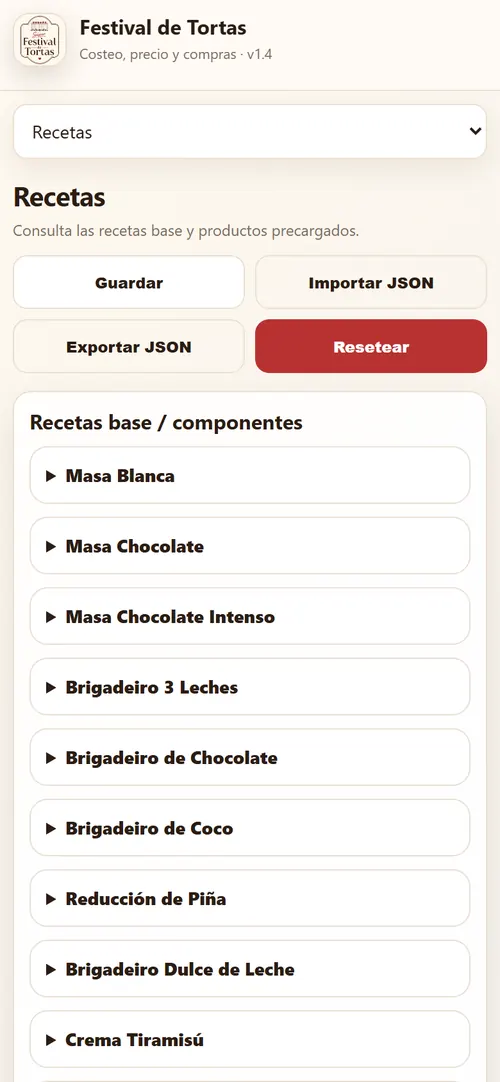 App de Costos: recetas base ya cargadas