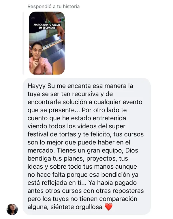 Mensaje de alumna respondiendo una historia de Sú